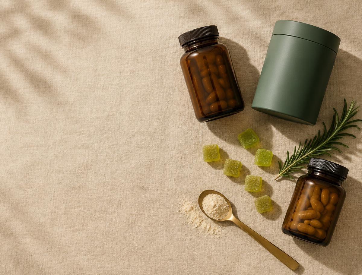 Overhead view of supplement jars, lime-green gummies and a spoon of powder arranged on sand-coloured linen